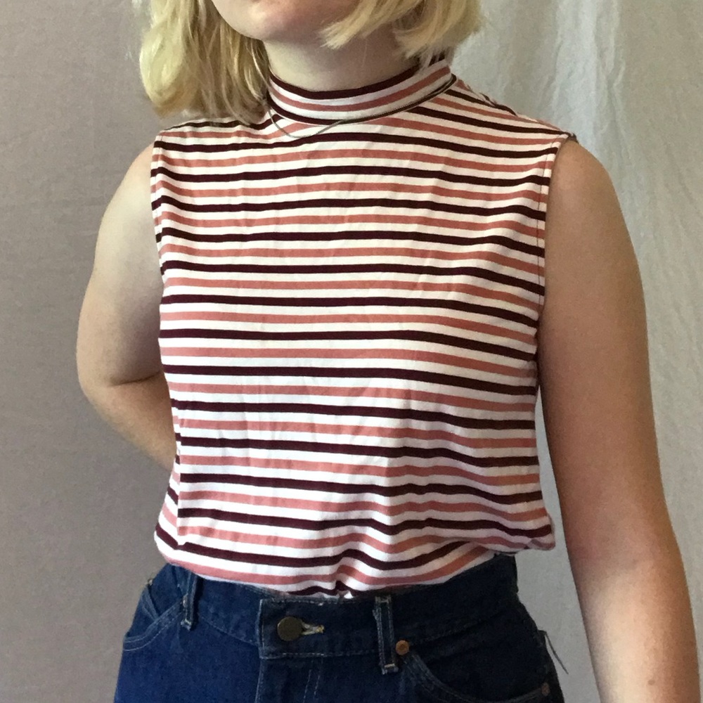 white striped 70s sleeveless mock neck